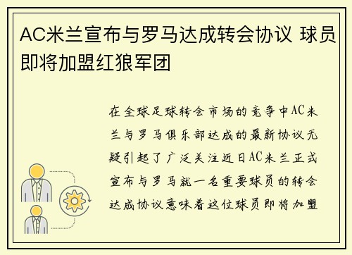 AC米兰宣布与罗马达成转会协议 球员即将加盟红狼军团