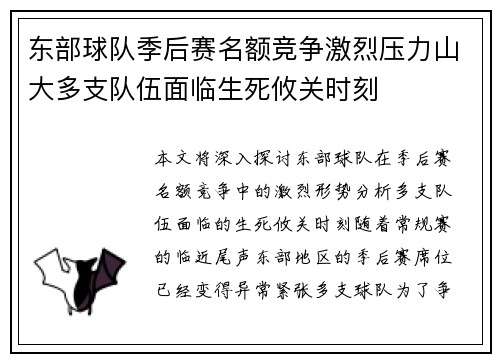 东部球队季后赛名额竞争激烈压力山大多支队伍面临生死攸关时刻