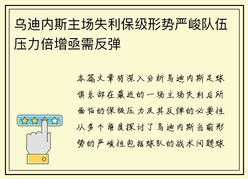 乌迪内斯主场失利保级形势严峻队伍压力倍增亟需反弹