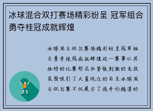 冰球混合双打赛场精彩纷呈 冠军组合勇夺桂冠成就辉煌