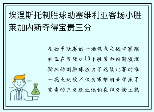 埃涅斯托制胜球助塞维利亚客场小胜莱加内斯夺得宝贵三分