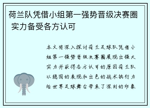荷兰队凭借小组第一强势晋级决赛圈 实力备受各方认可